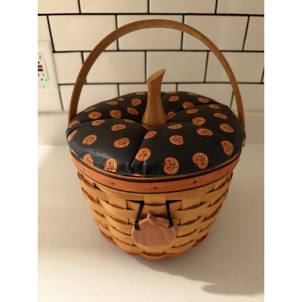 Longaberger 1997 Pumpkin Halloween Basket Jack-O'-Lantern Lid Fabric Top EUC